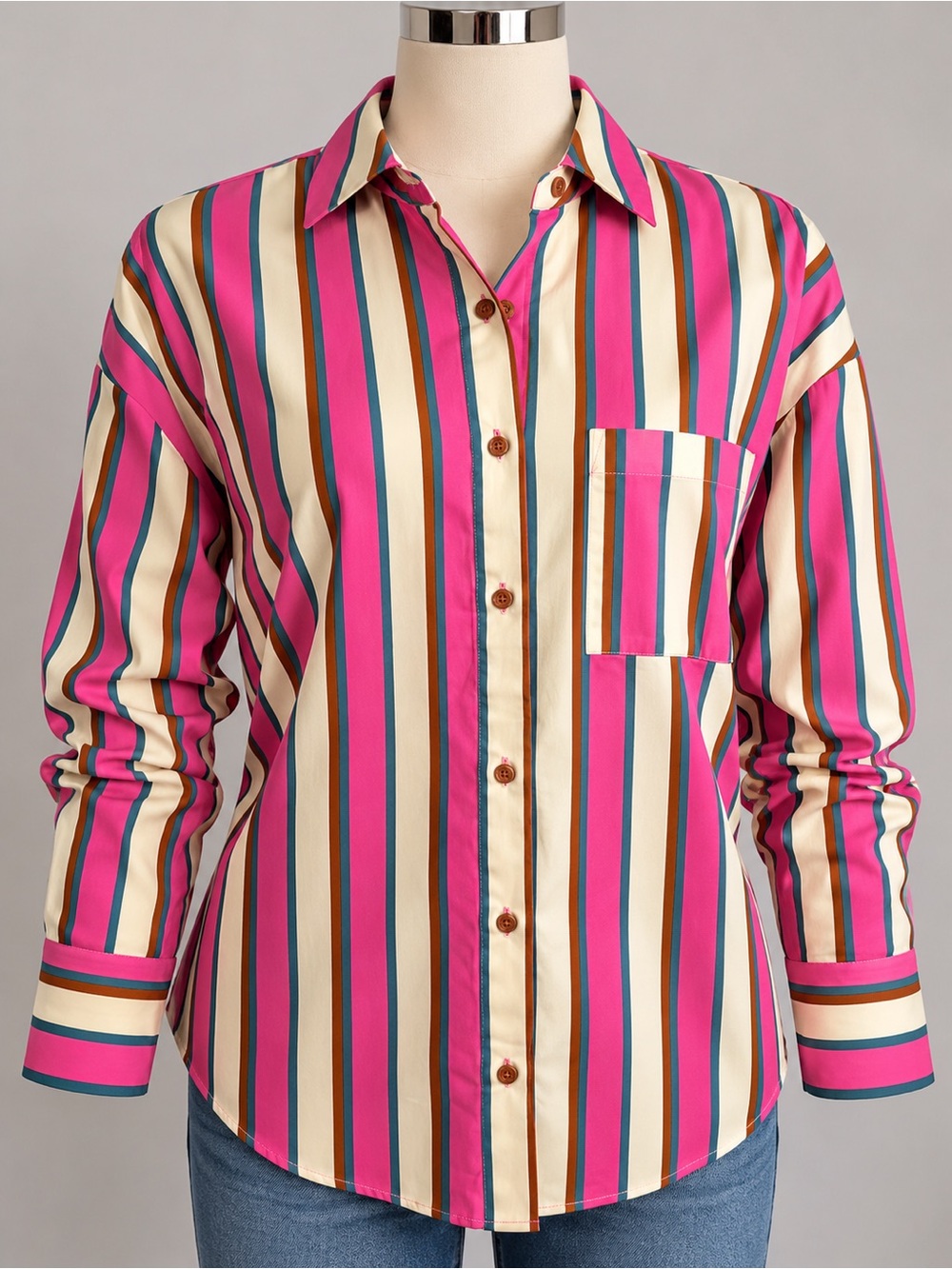Fashion Nova Pink Cream and Teal Striped Button-Down Shirt
